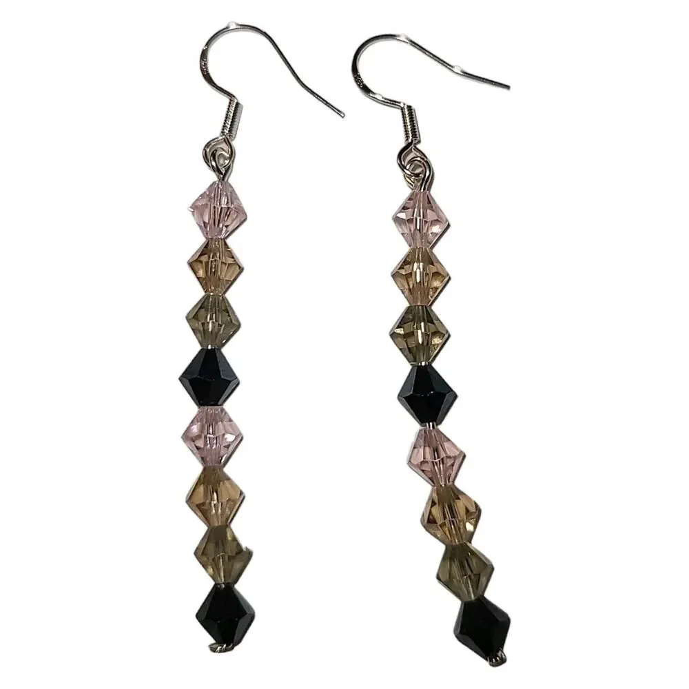 Sterling‎ Silver 925 Black Champagne & Pink Crystal Glass Drop Dangle Earrings
